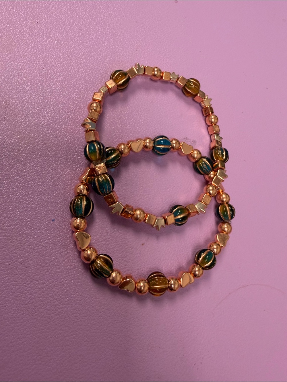 Hand Crafted Rose Gold and Green Beaded Bracelet Set